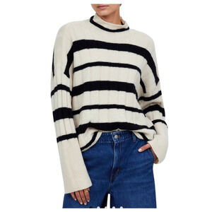 Madewell Ribbed Cashmere Wool Sweater Ivory Black Stripe Wide Sleeve Medium